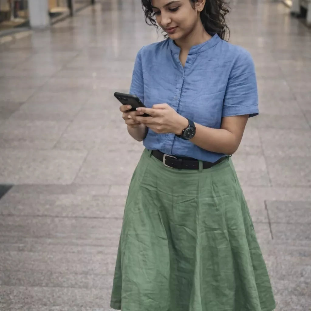 GREEN ALLEY - Olive Cotton Linen Symmetric flared hem Aline Waist Skirt.