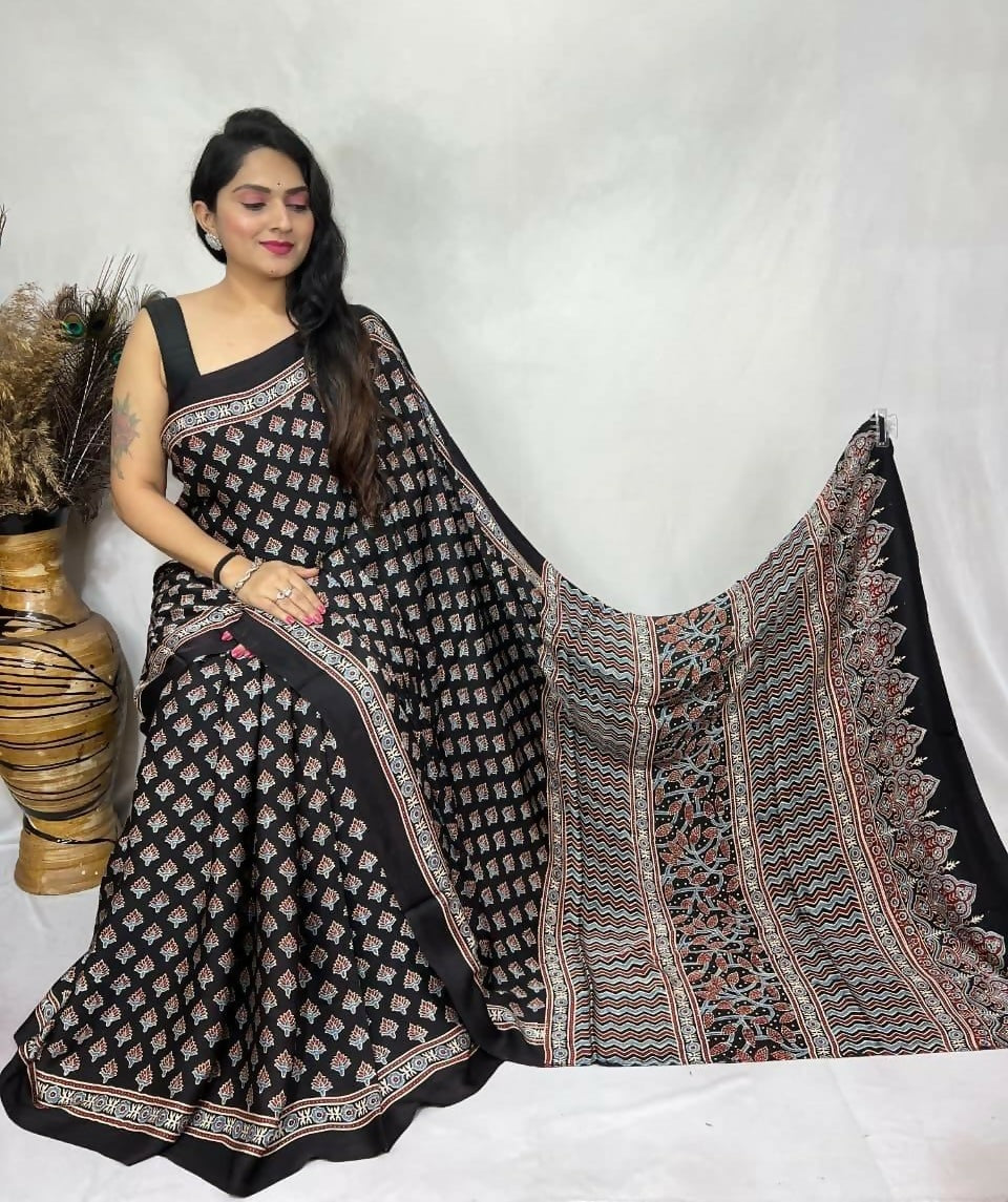 Modal Silk Ajrakh Saree – Black Classic Ajrakh Design