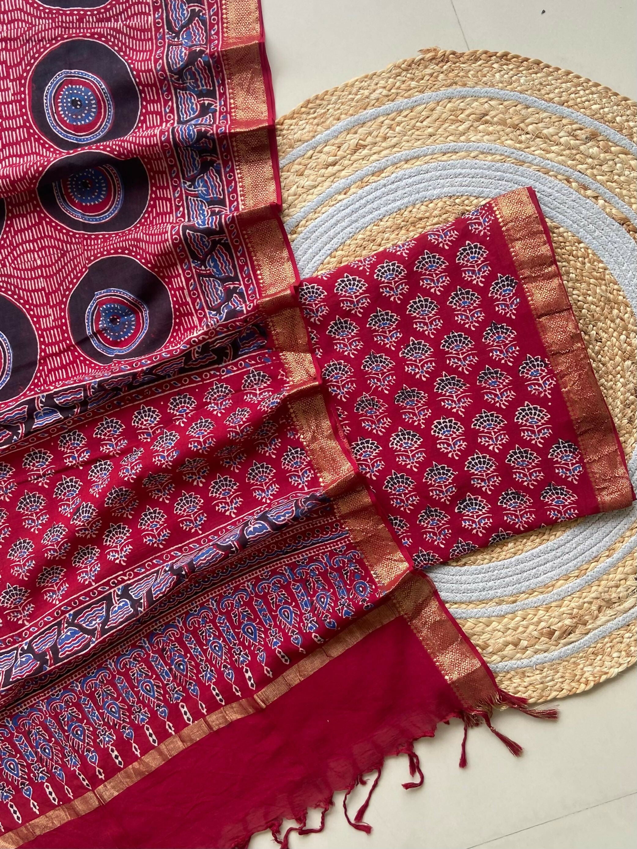 Ajrakh Mangalgiri Cotton Suit Fabric - Terracotta Ajrakh Cotton Suit Fabric India