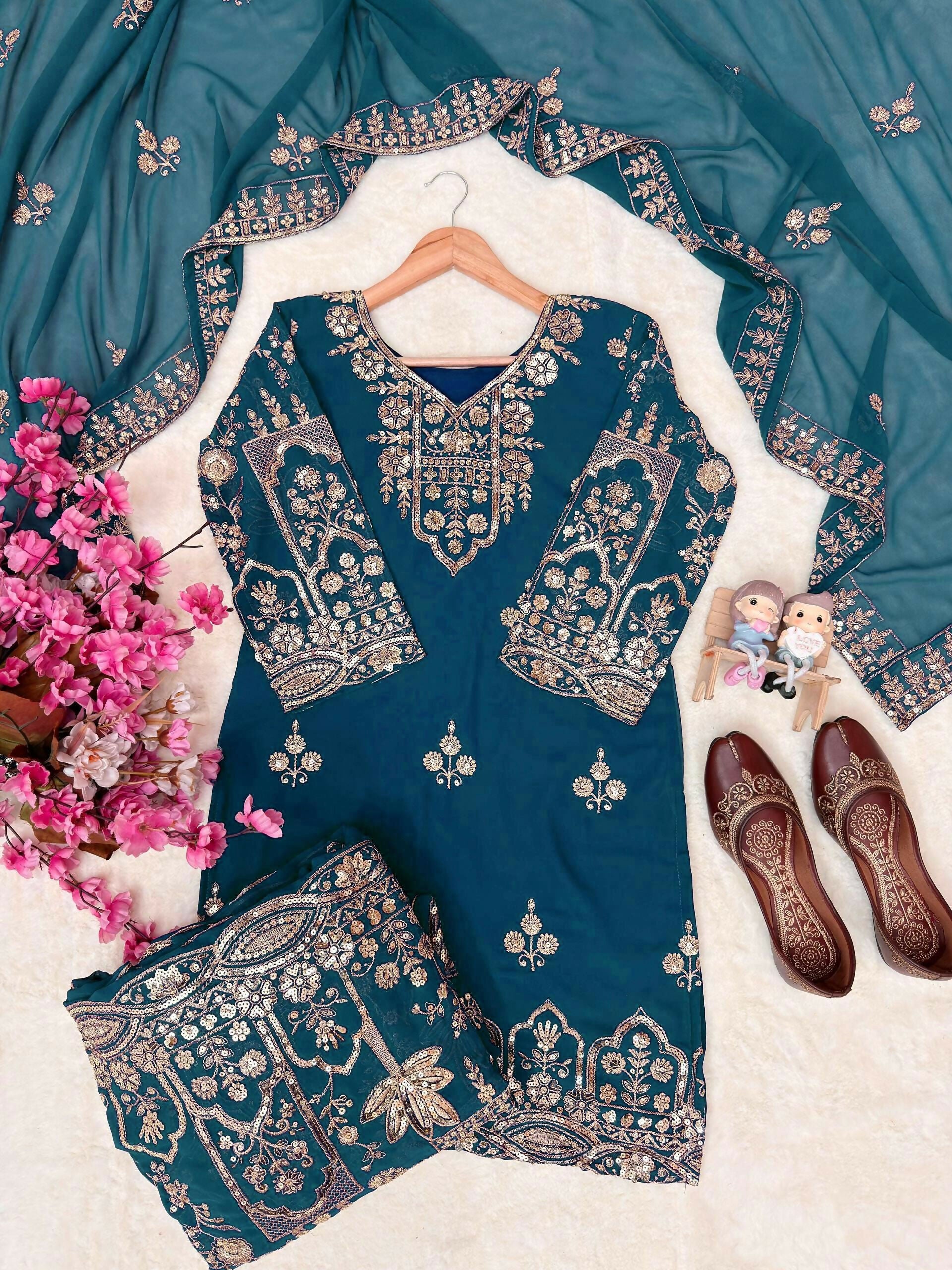 Designer Kurti Flared Plazzo & Dupatta Set