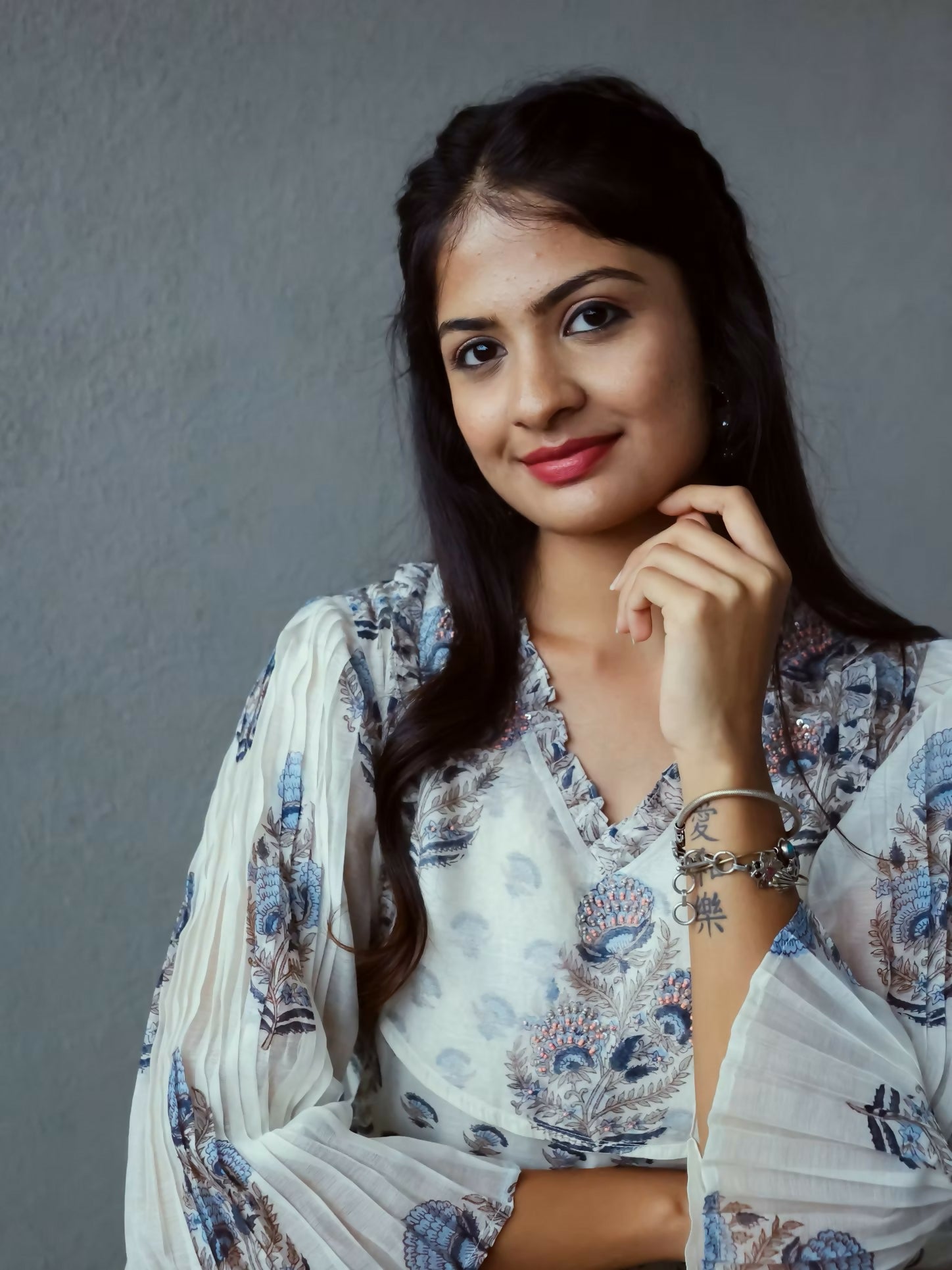 White & Blue Long Kurta Pant Set