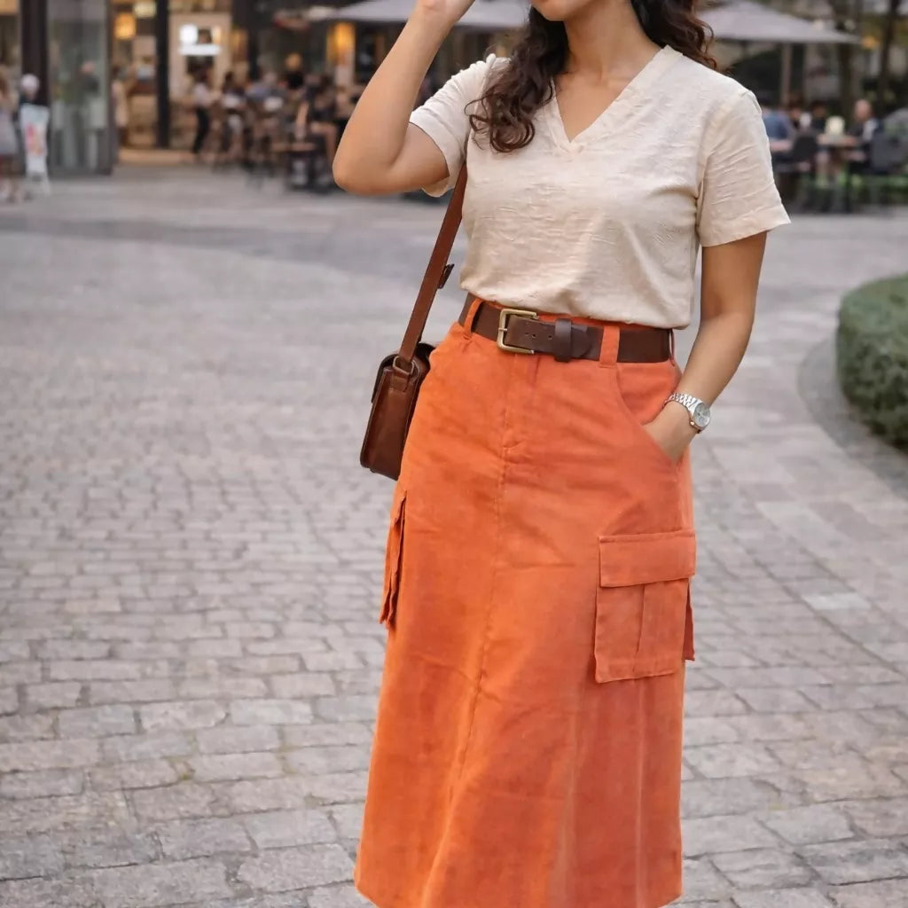 ORANGE GRUNGE - High Waist Bright Saffron Solid Tone Cargo Skirt in knee length .