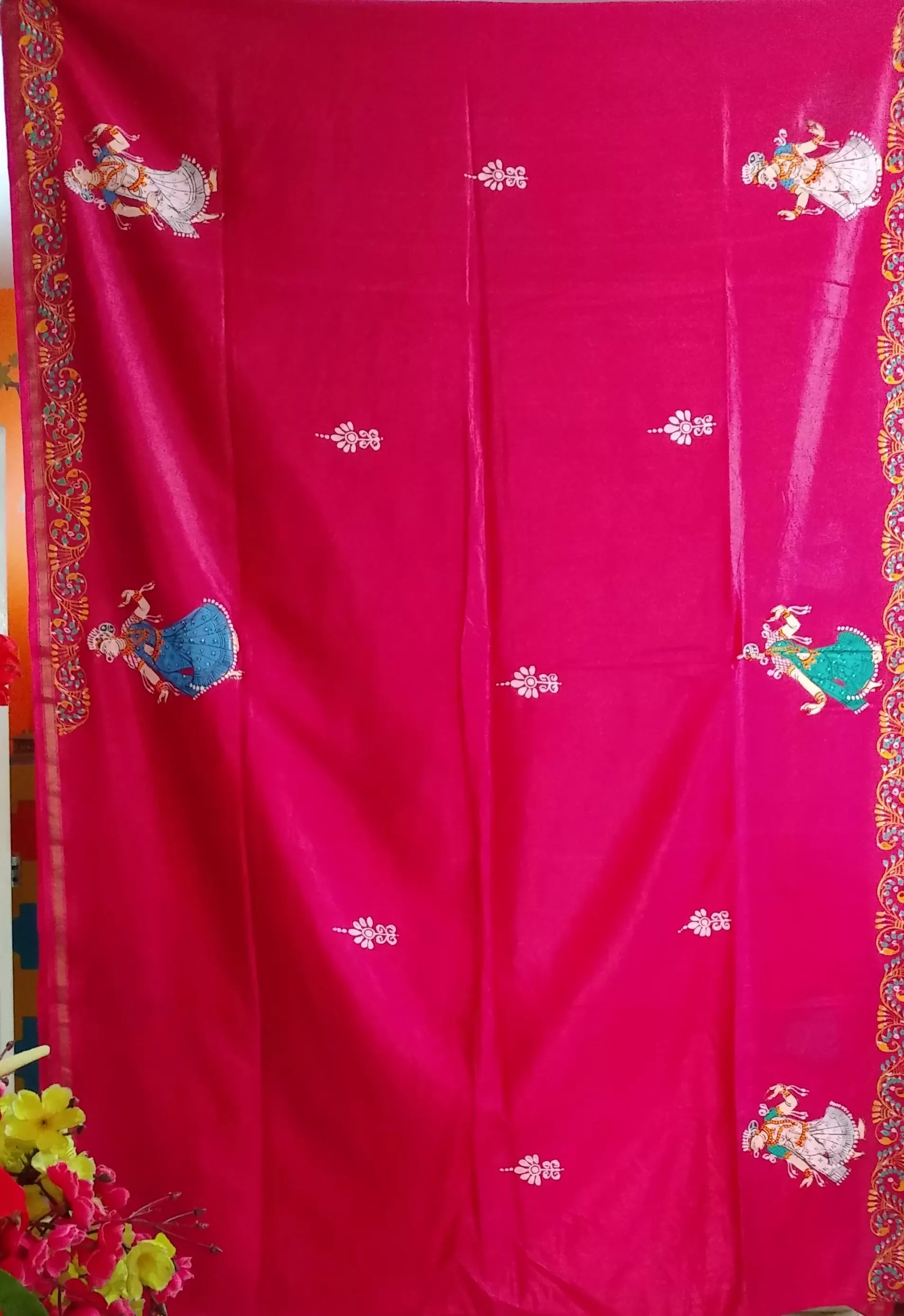 " MATHURA VIJAY YATRA " of SHRI KRISHNA in Handpainted Pattachitra Art on Tussar Modal Silk Saree.
