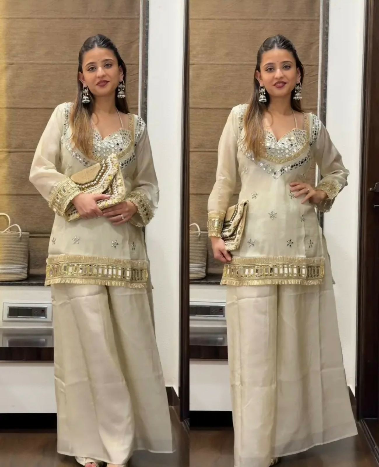 Women’s Fendy Silk Mirror Work Top, Sharara & Dupatta Set