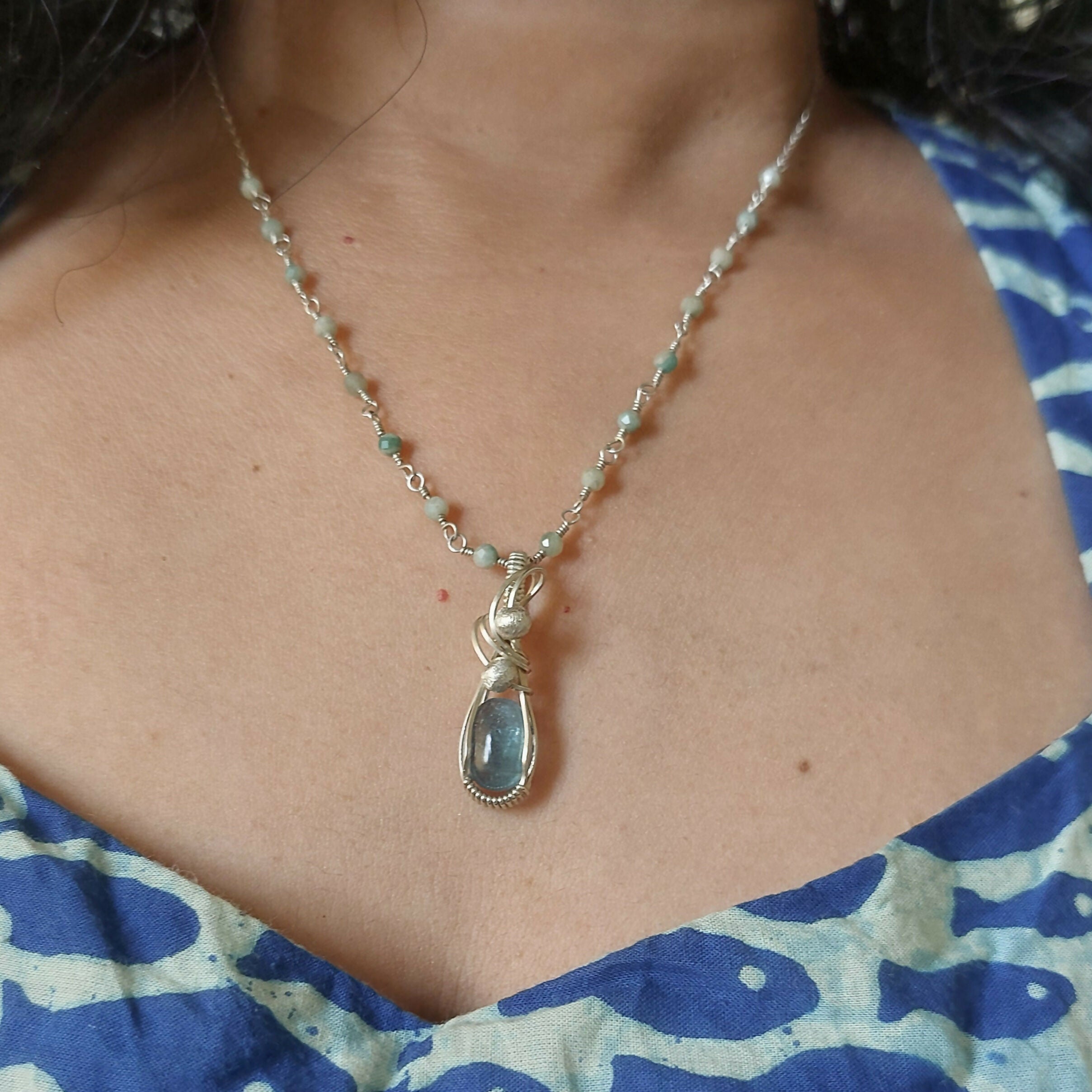 Amazonite wire wrapped handmade sterling silver beaded chain