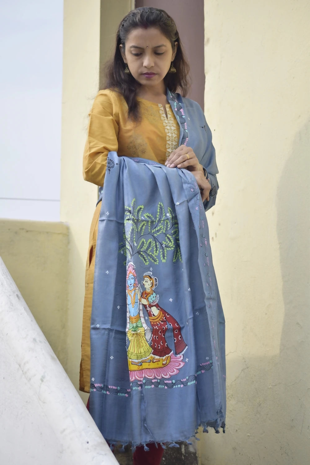 Vrindavan Leela- Sky Blue Premium Banana Silk Dupatta --Sustainably Fashionable.