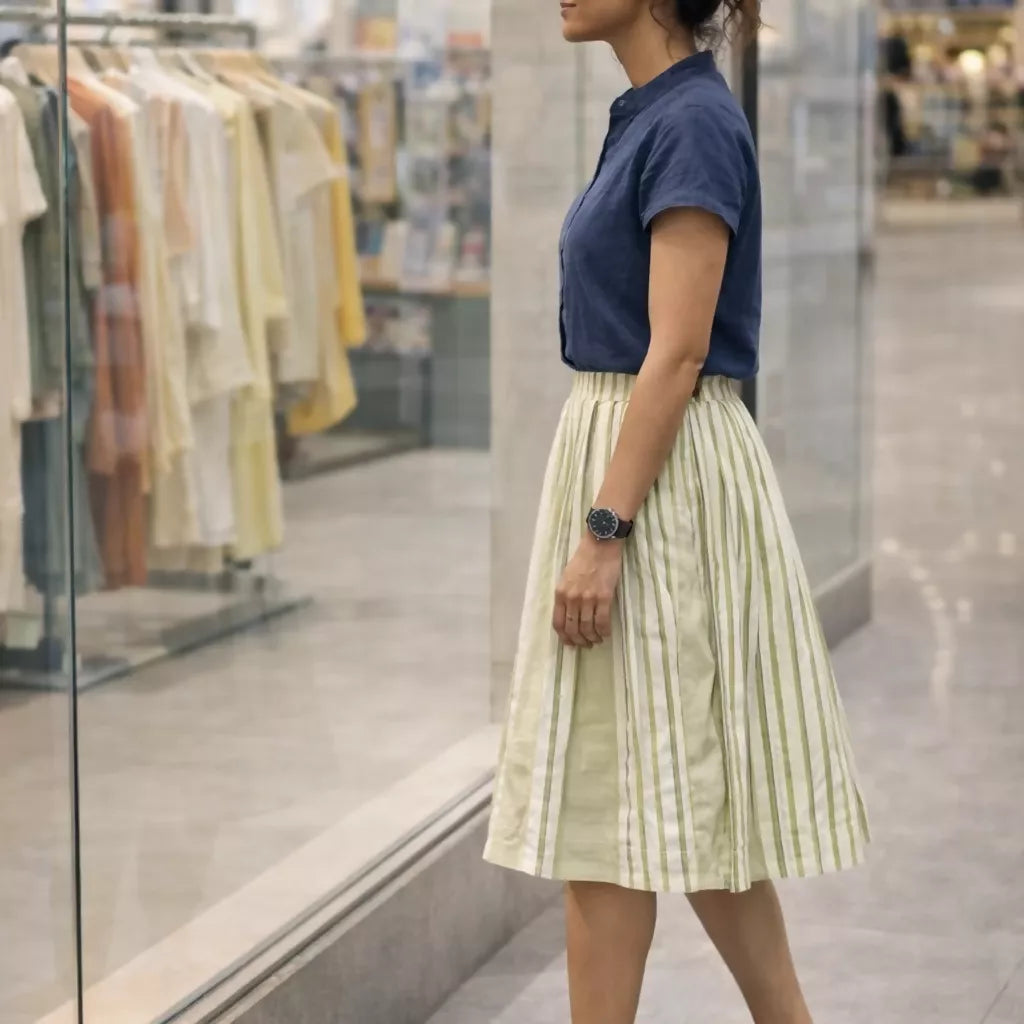 TEMPEST - Solid and Contrast Striped Pleated Summer Alpine Skirt .