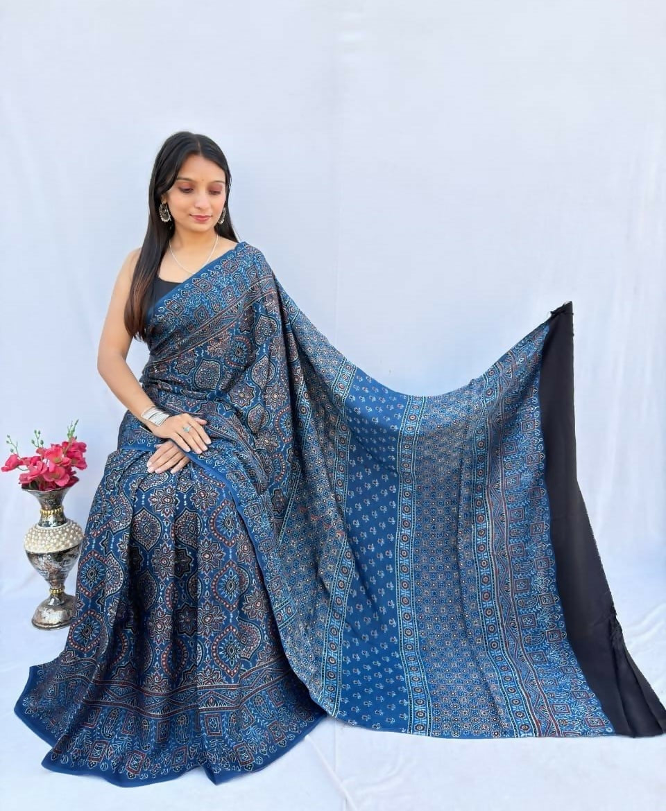 Modal Silk Ajrakh Saree – Steel Blue Ajrakh Design