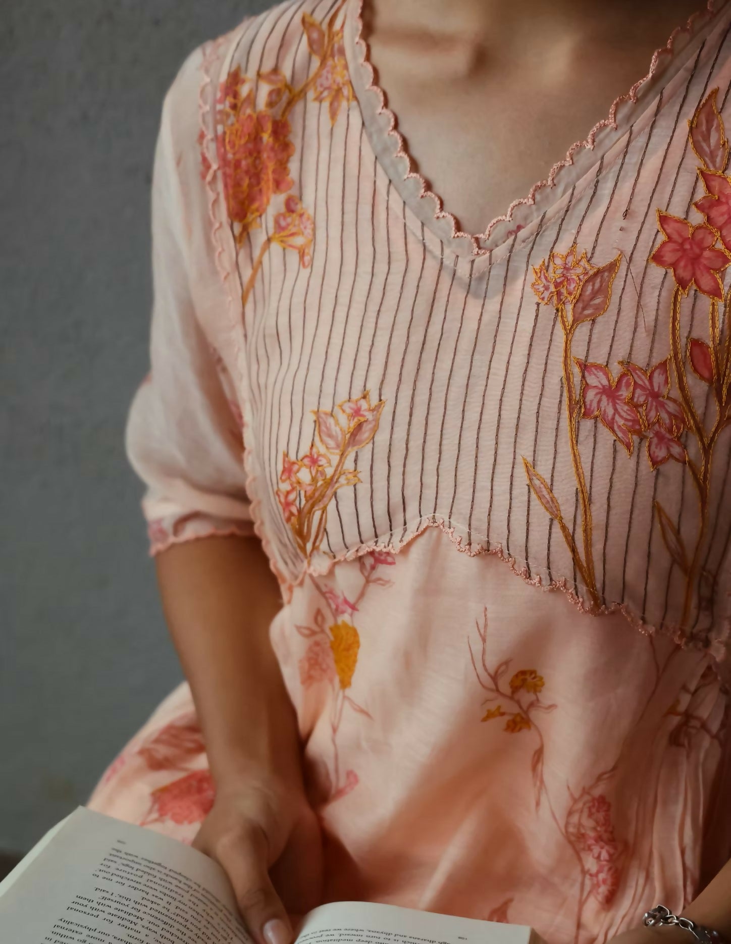 Peach Printed Embroidered Dress