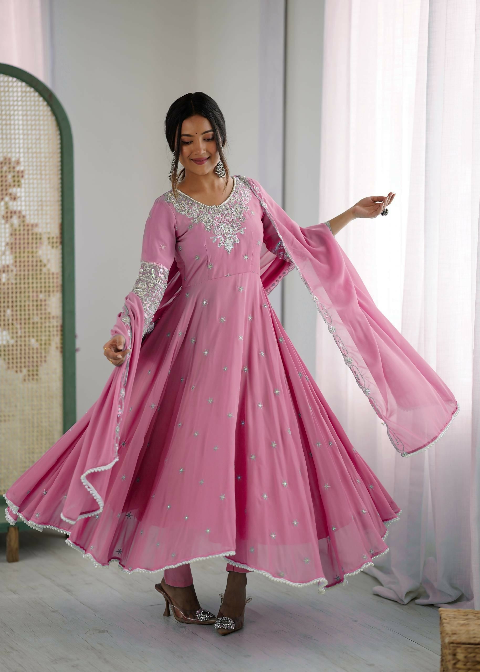 Elegant Embroidered Designer Anarkali Three Piece Set