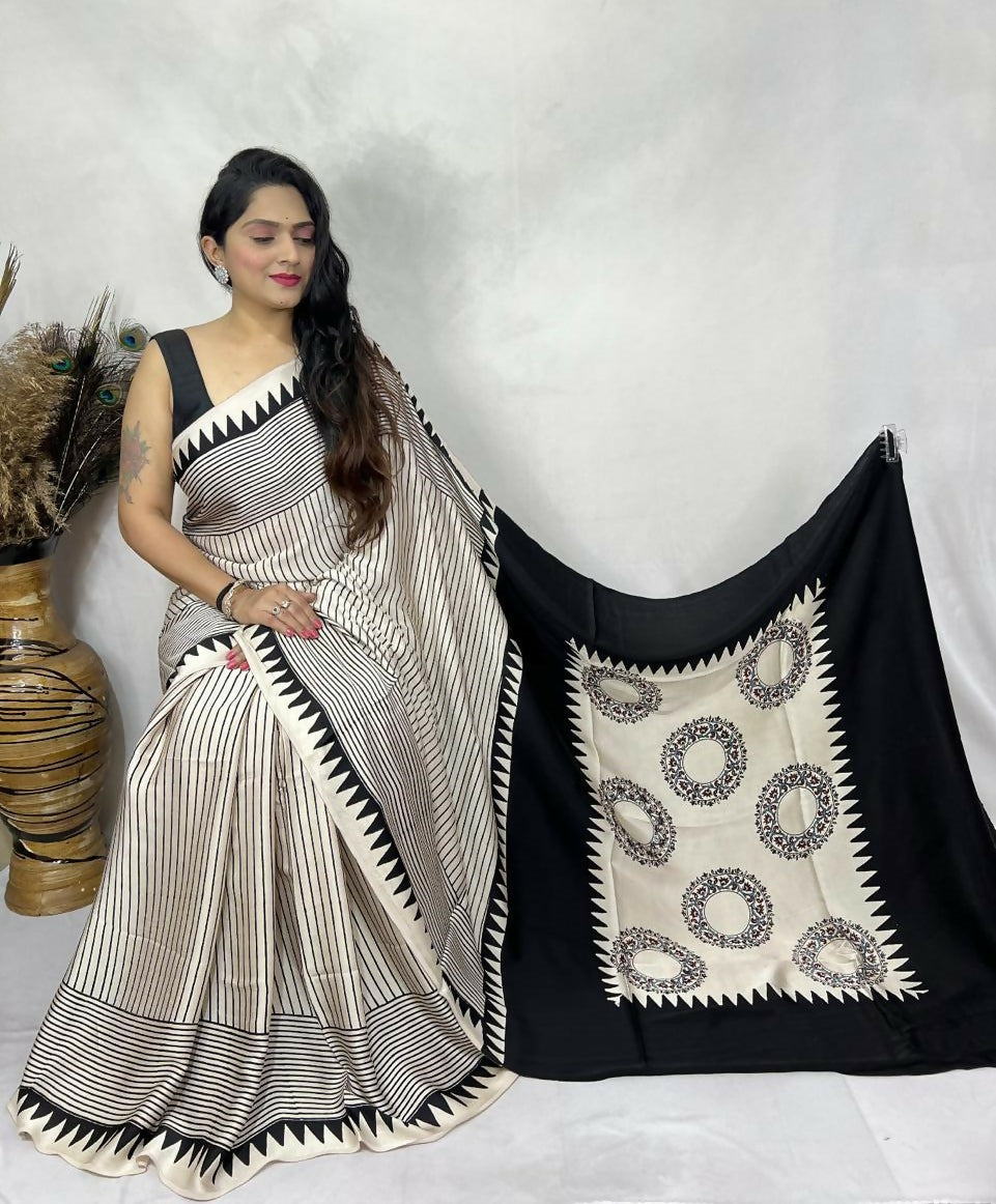 Modal Silk Ajrakh Saree – Cream & Black Ajrakh Motifs