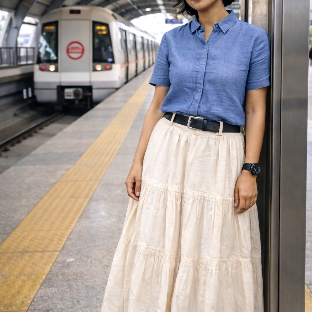 FEMME - Cream Solid Maxi Skirt with slip-on closure, featuring a flared hem.