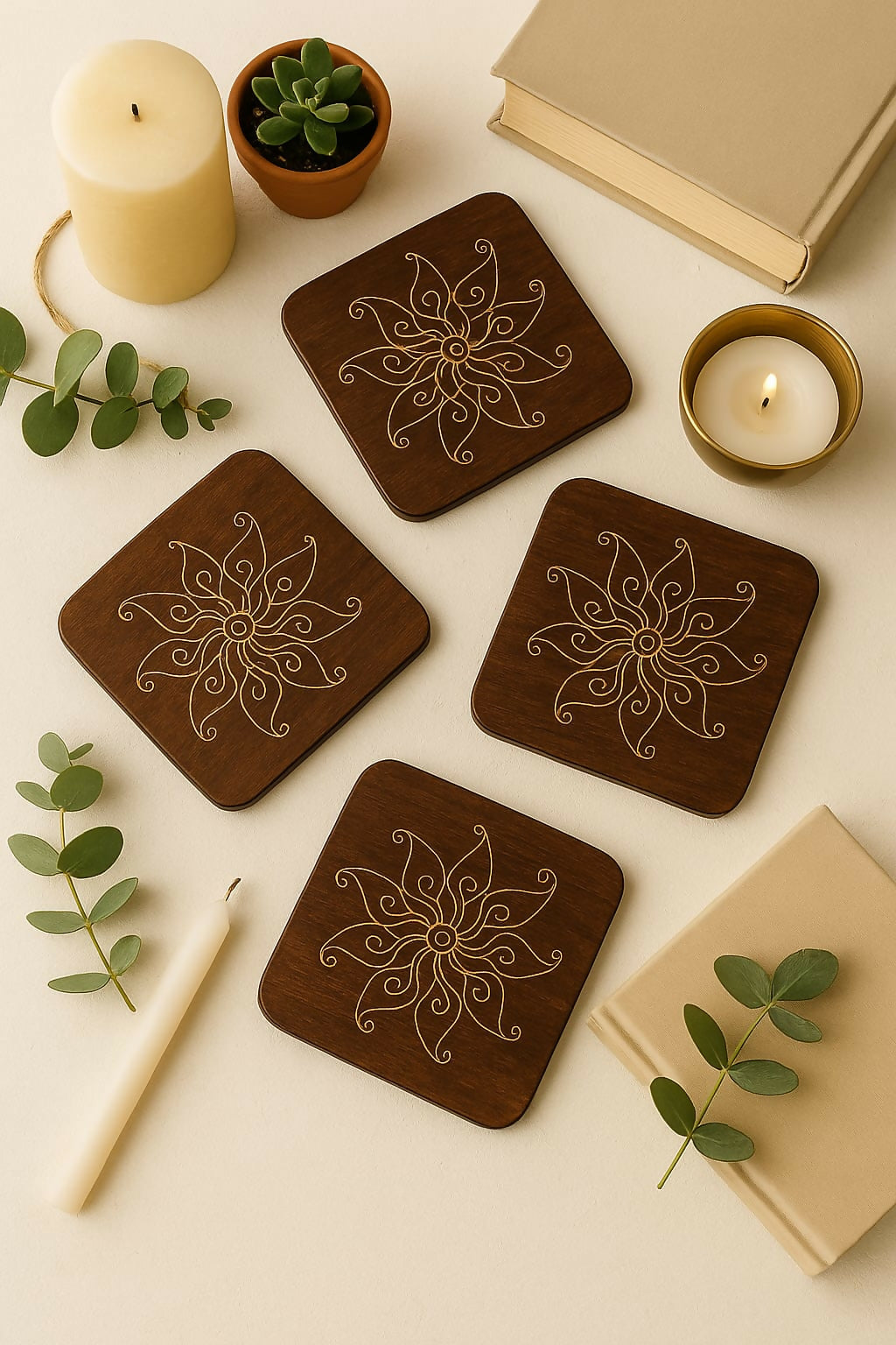 Engraved floral pattern Tea Coaster Set of 5 with Stand