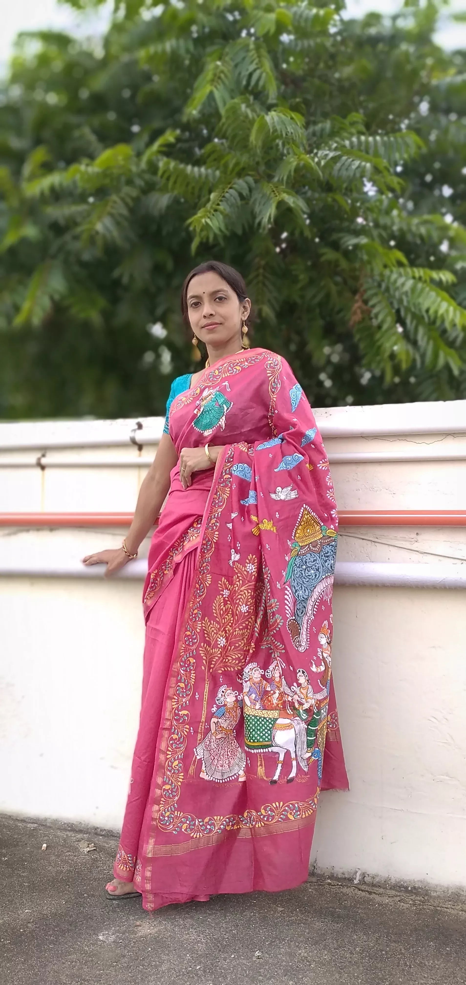" MATHURA VIJAY YATRA " of SHRI KRISHNA in Handpainted Pattachitra Art on Tussar Modal Silk Saree.