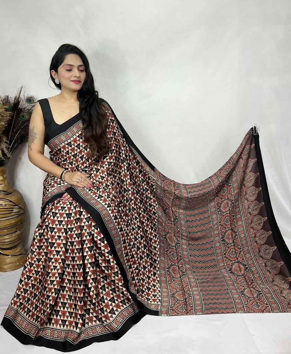 Modal Silk Ajrakh Saree – Rust & Black Geometric Design