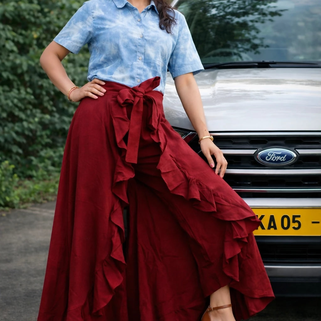 KALEIDOS - Rich Maroon Waist Tie-Up Ruffled Maxi Skirt with Attached Trousers.