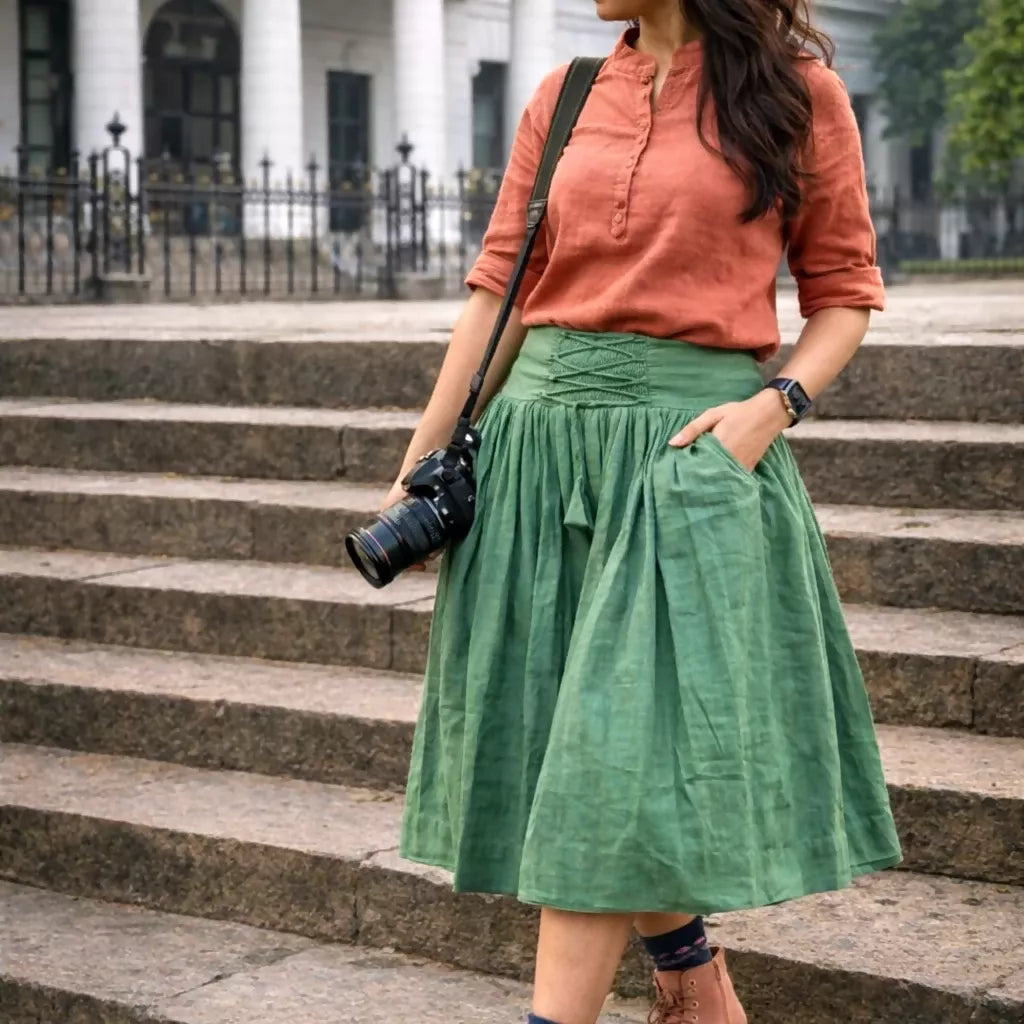 GREENVILLIE - Olive Green Cotton Linen Vintage theme Symmetric flared hem Skirt.