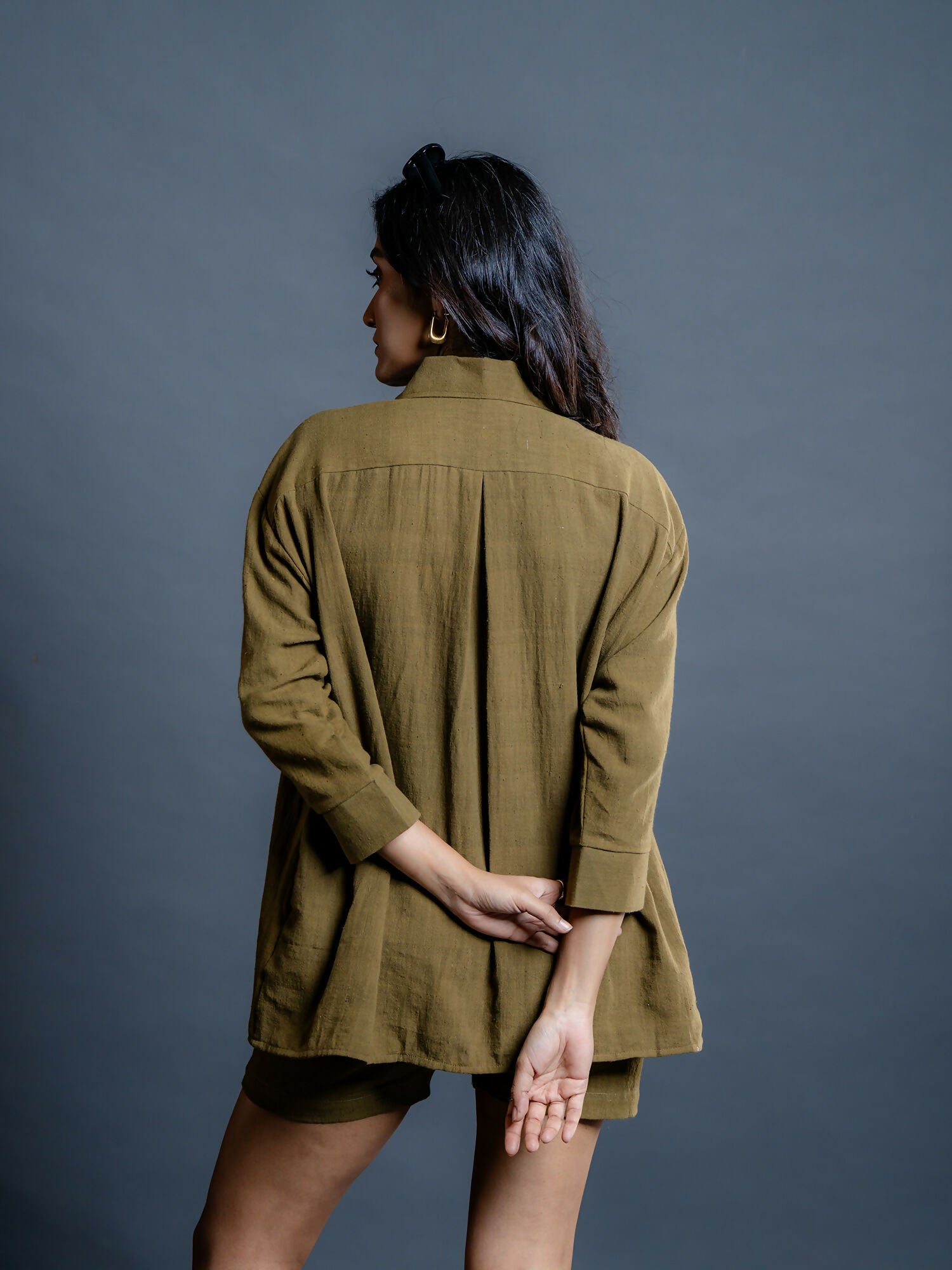 Saima Olive Handwoven Kala Cotton Oversized Shirt
