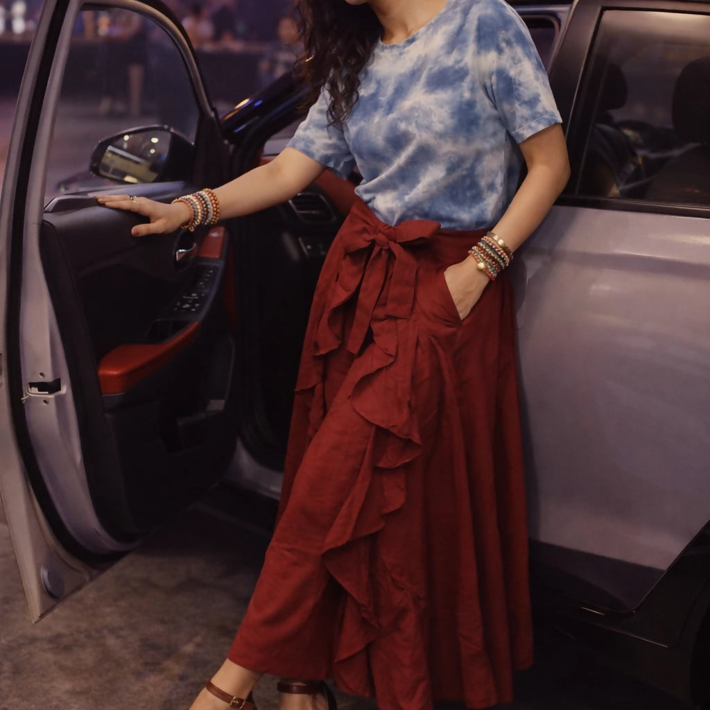 KALEIDOS - Rich Maroon Waist Tie-Up Ruffled Maxi Skirt with Attached Trousers.