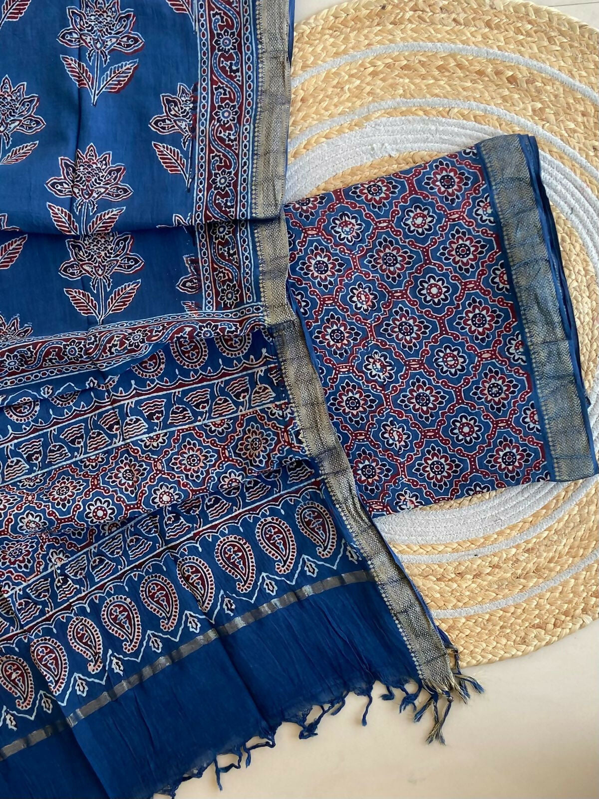 Ajrakh Mangalgiri Cotton Suit Fabric - Cobalt Blue Ajrakh Cotton Suit Fabric India
