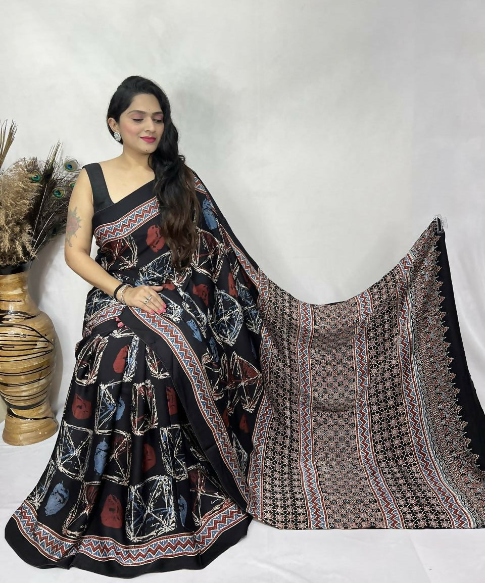 Modal Silk Ajrakh Saree – Black Multicolor Ajrakh Design
