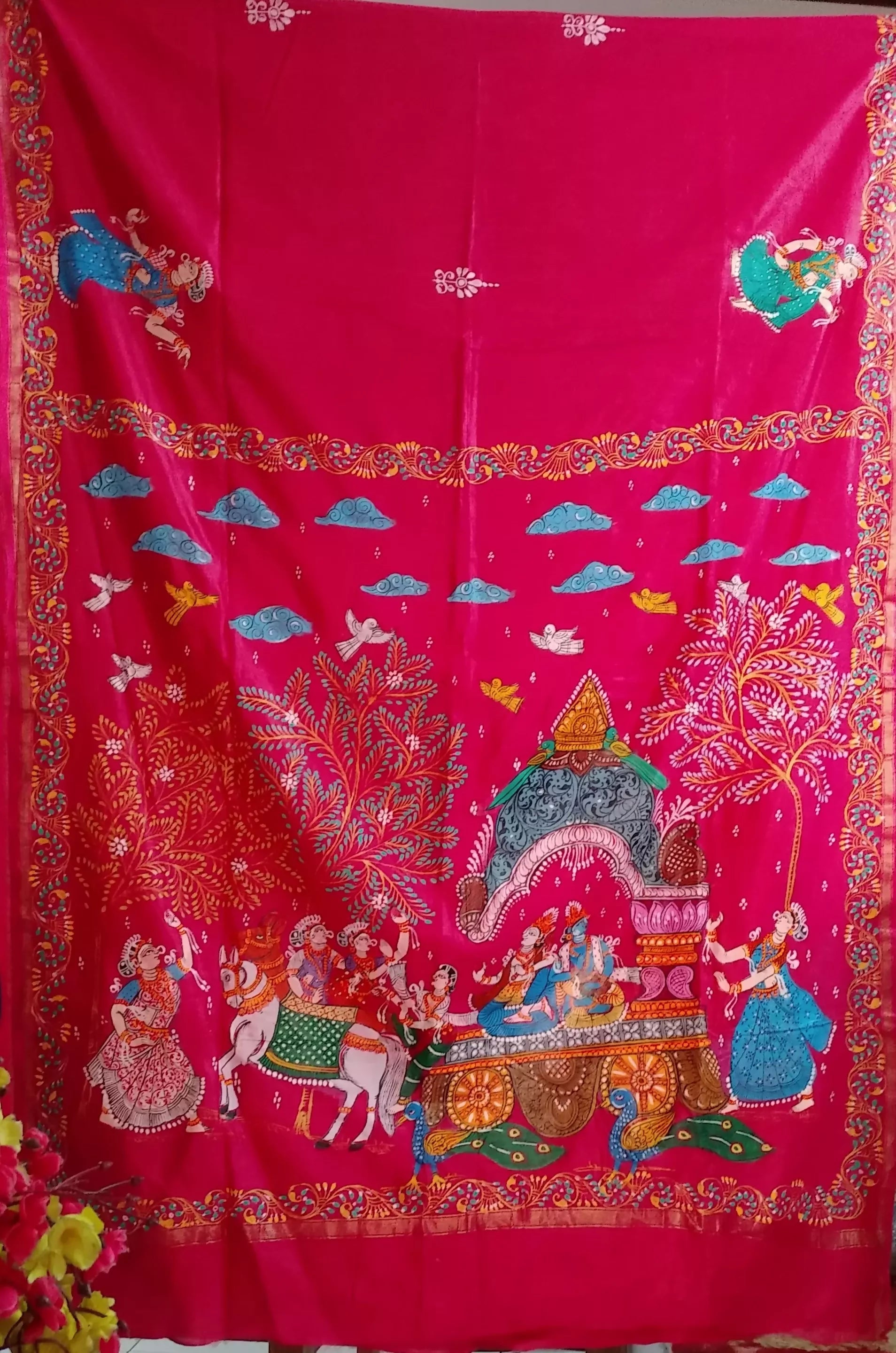 " MATHURA VIJAY YATRA " of SHRI KRISHNA in Handpainted Pattachitra Art on Tussar Modal Silk Saree.