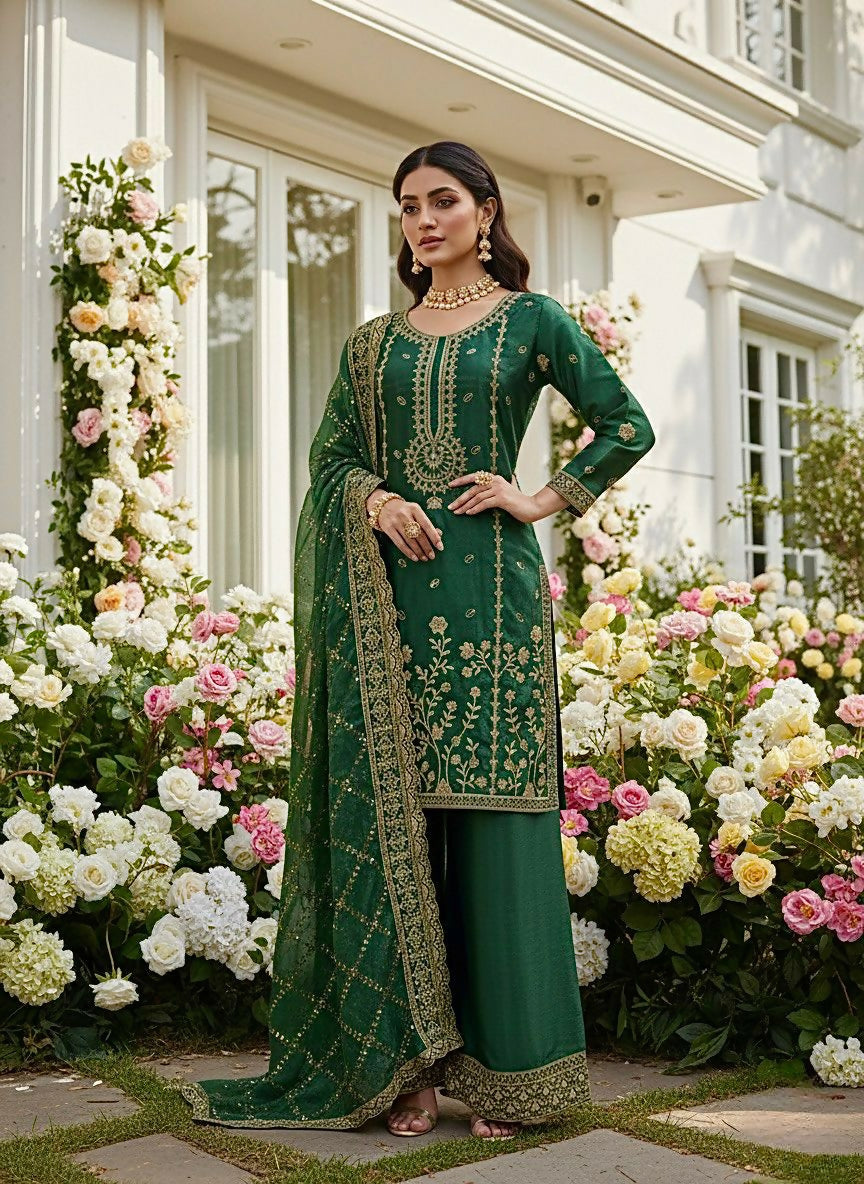 Premium GMY Silk Heavy Embroidered Kurta Palazzo Set with Dupatta