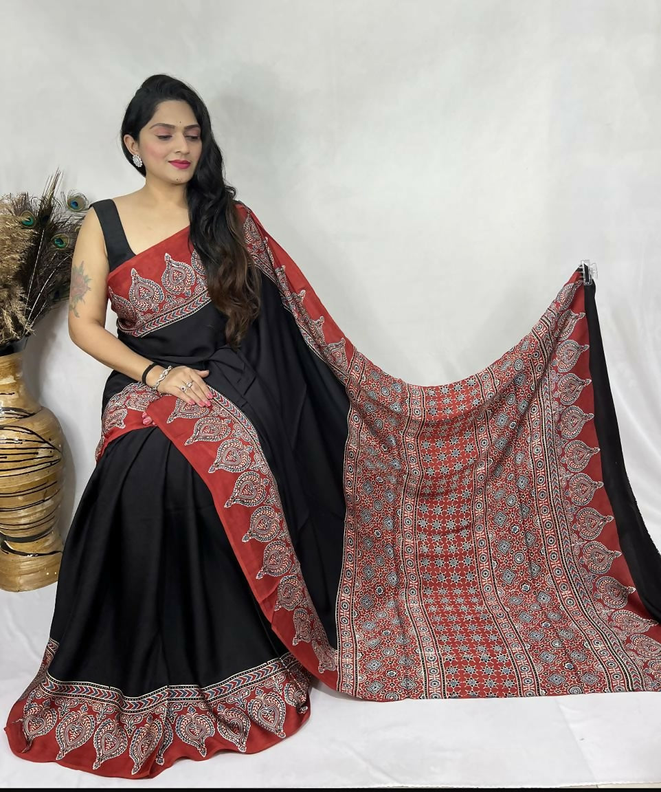 Modal Silk Ajrakh Saree – Black with Red Border & Ajrakh Print