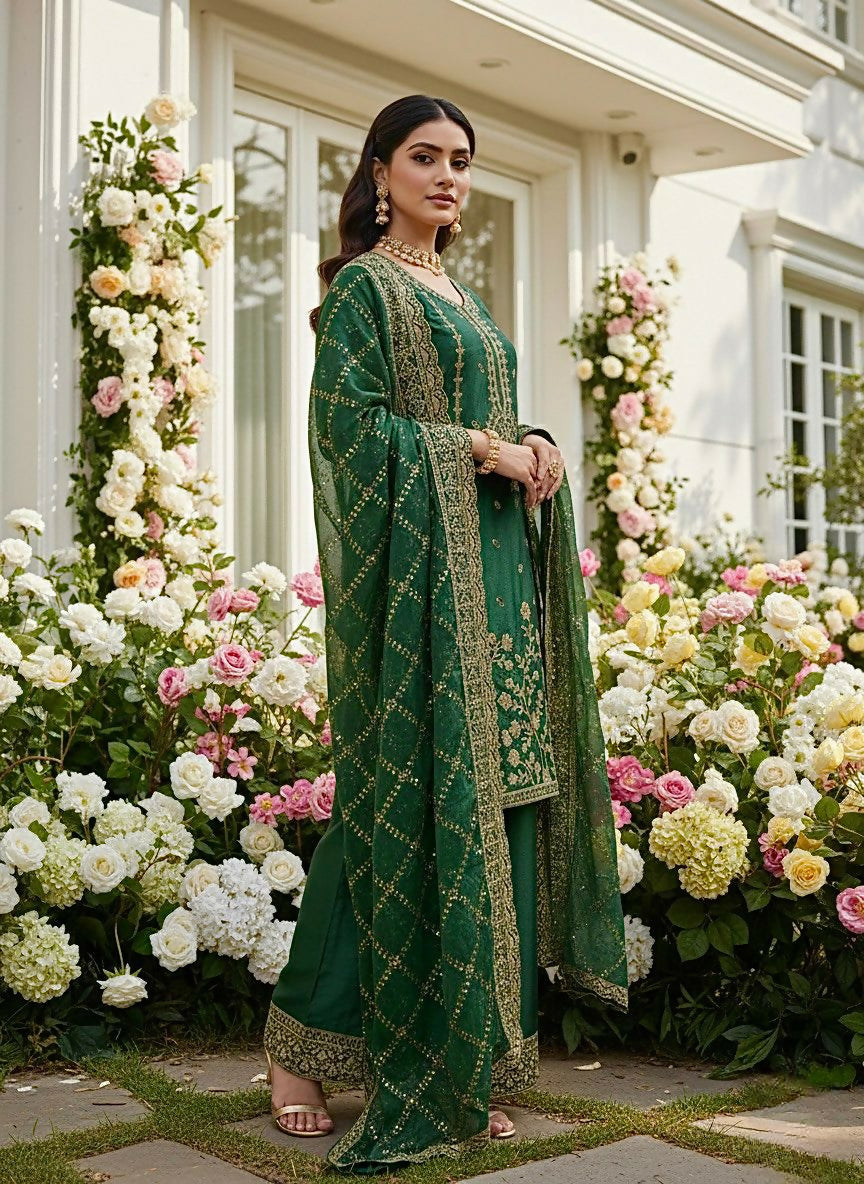 Premium GMY Silk Heavy Embroidered Kurta Palazzo Set with Dupatta