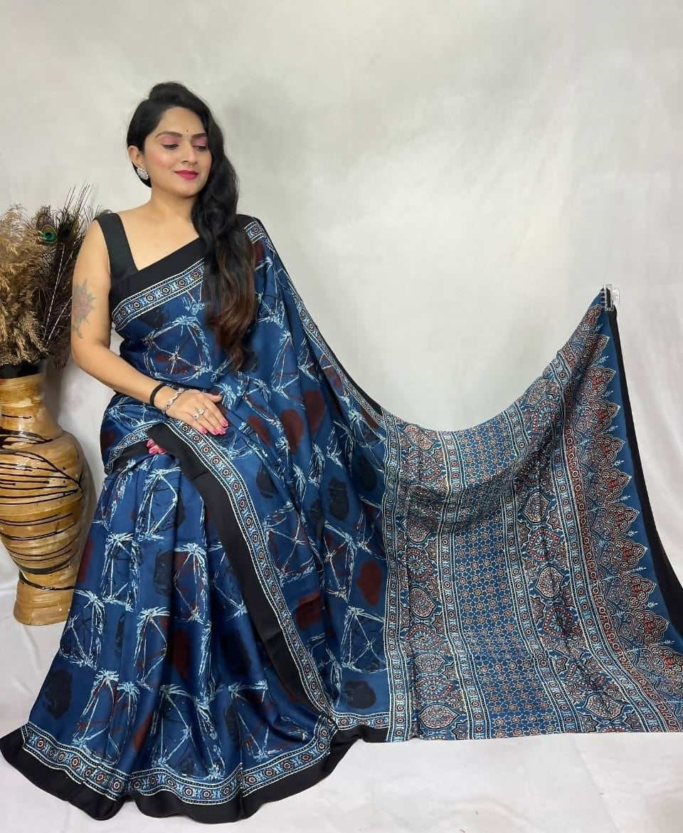 Modal Silk Ajrakh Saree – Deep Blue Ajrakh Design