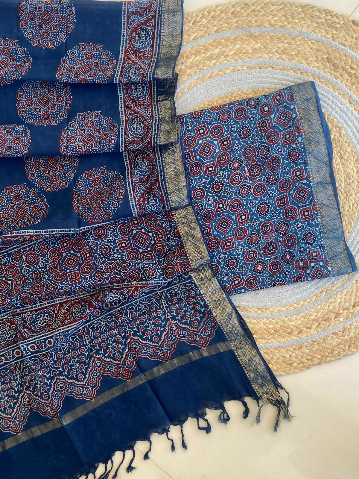 Ajrakh Mangalgiri Cotton Suit Fabric - Teal Blue Ajrakh Cotton Suit Fabric India