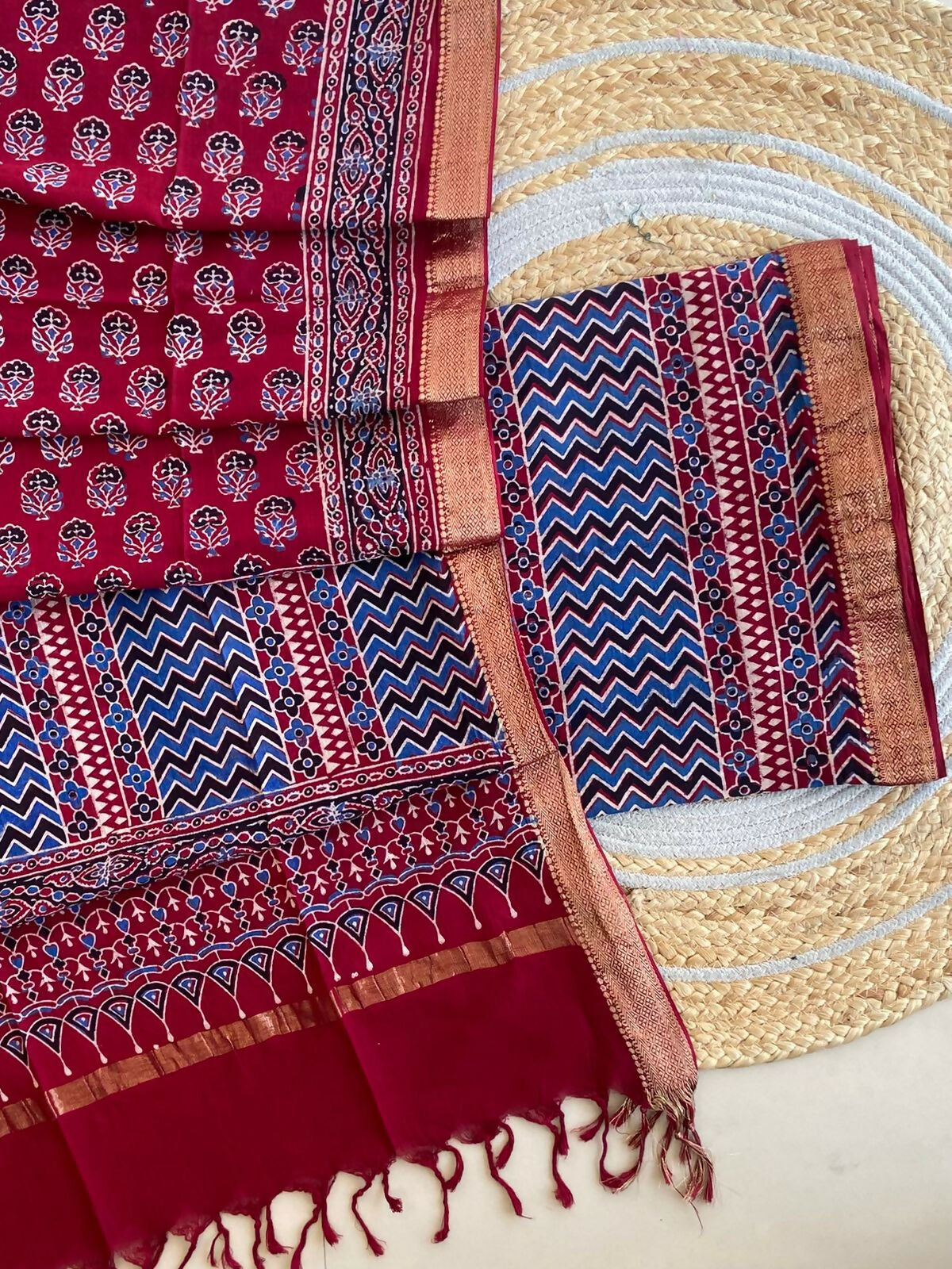 Ajrakh Mangalgiri Cotton Suit Fabric - Ajrakh Mangalagiri Cotton Suit Fabric Online India
