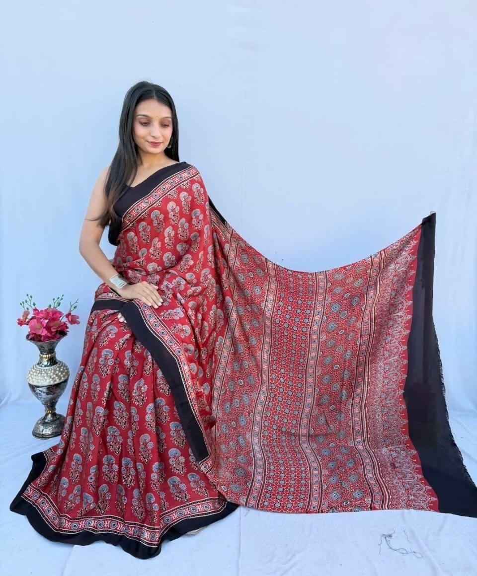 Modal Silk Ajrakh Saree – Red with Black Border & Ajrakh Print