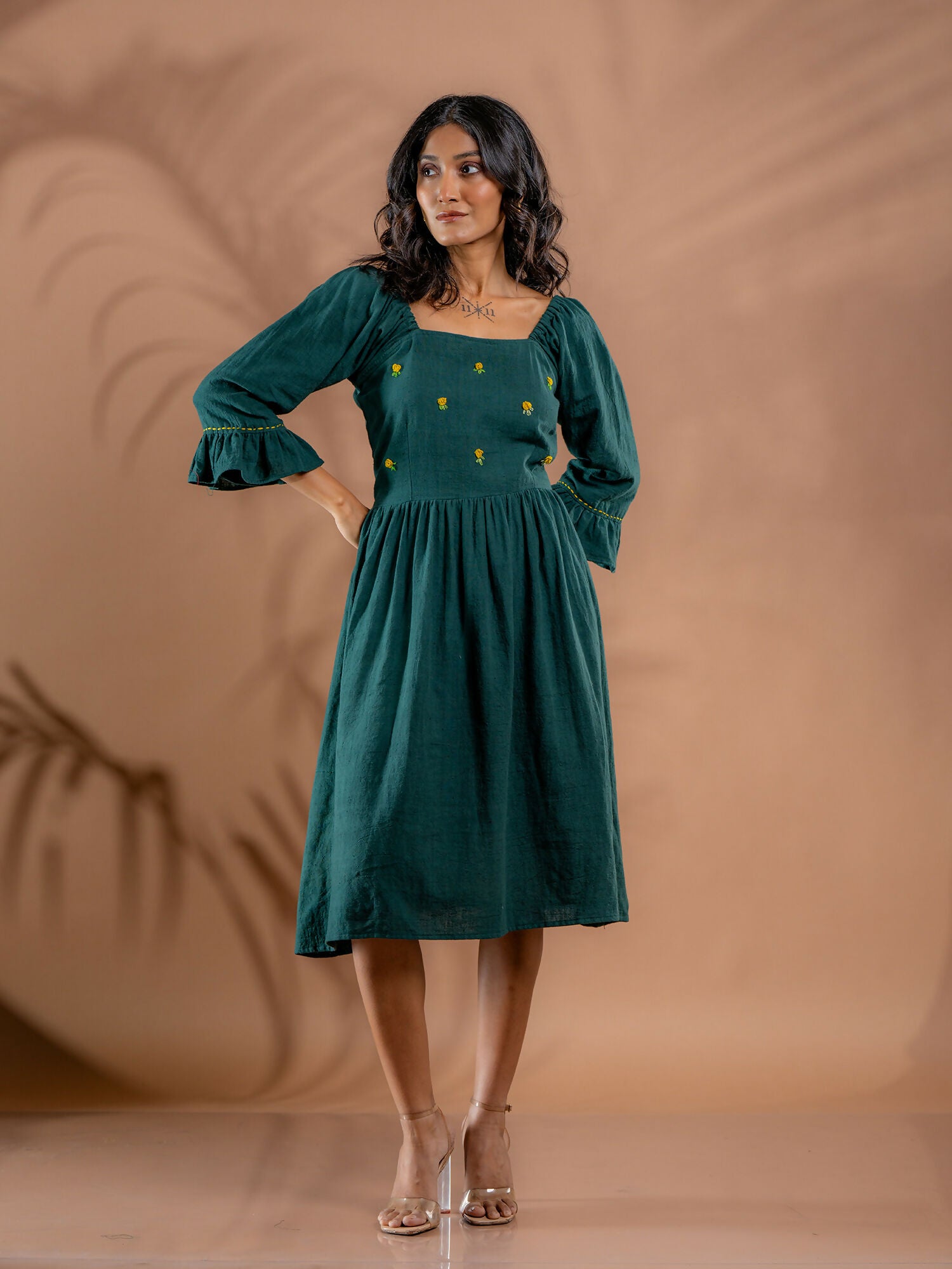Ocean Meadow Embroidered Kala Cotton Gathered Dress