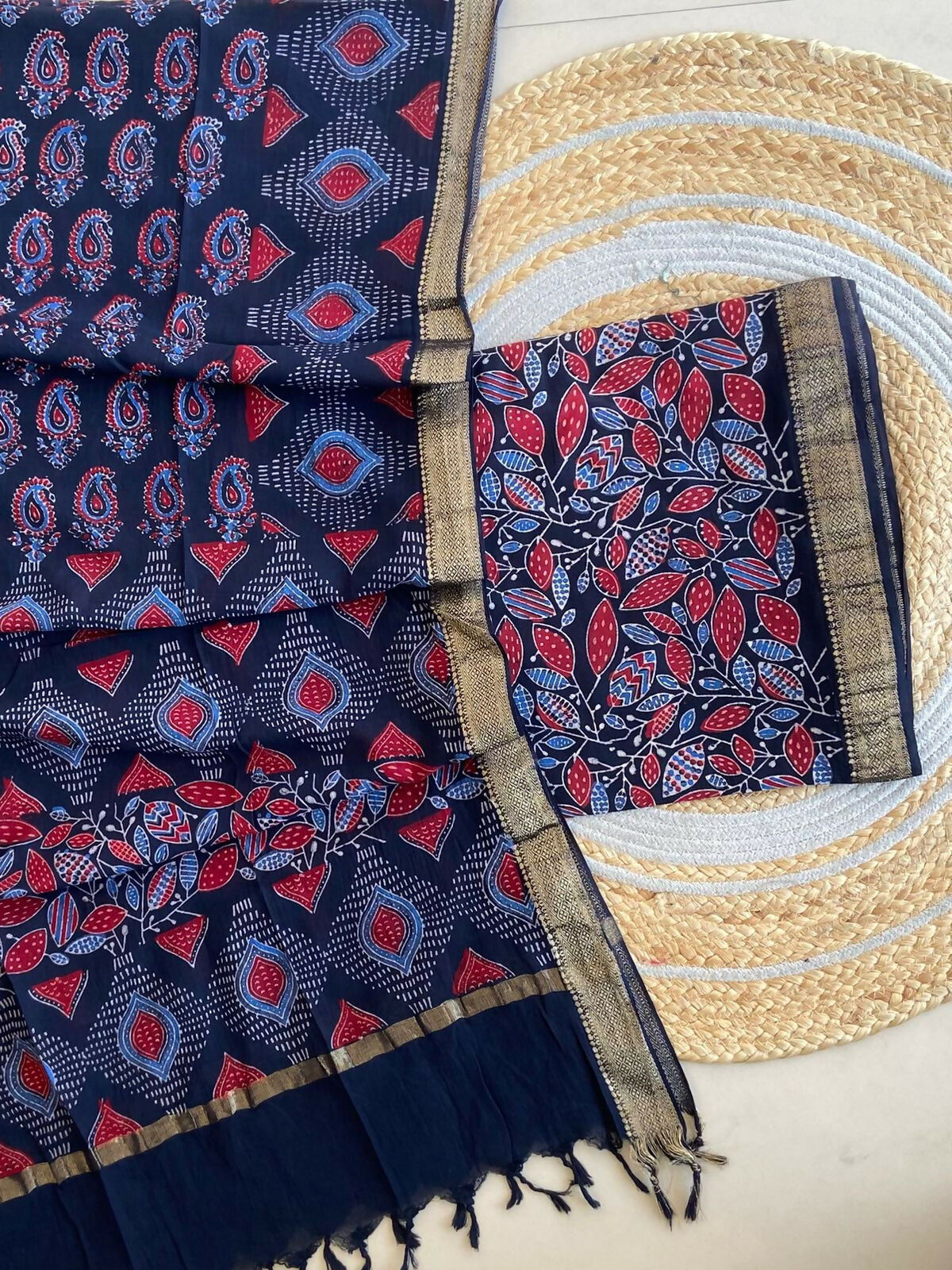 Ajrakh Mangalgiri Cotton Suit Fabric - Indigo Ajrakh Cotton Suit Fabric Online India