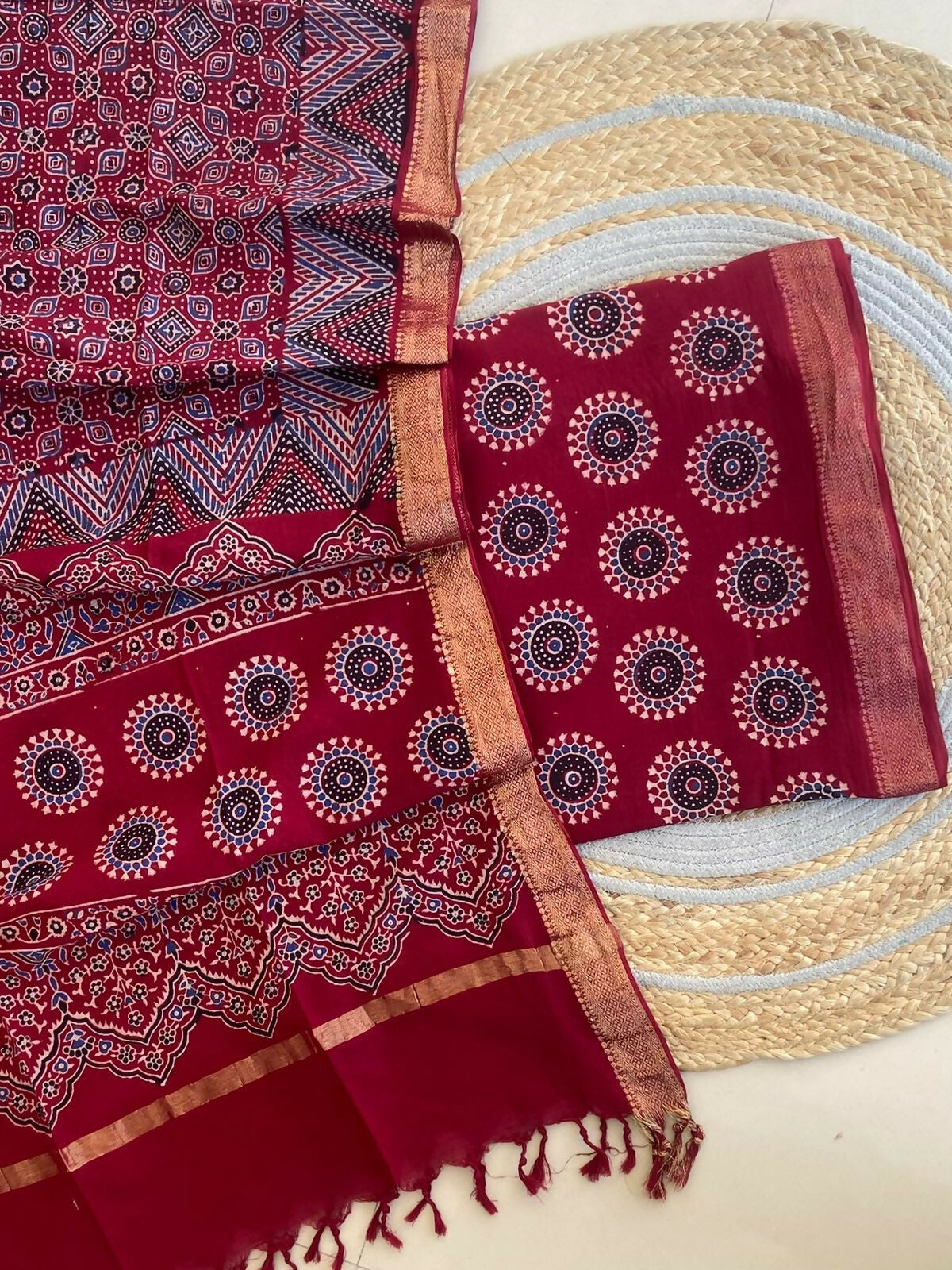 Ajrakh Mangalgiri Cotton Suit Fabric - Red Ajrakh Cotton Suit Fabric Online India
