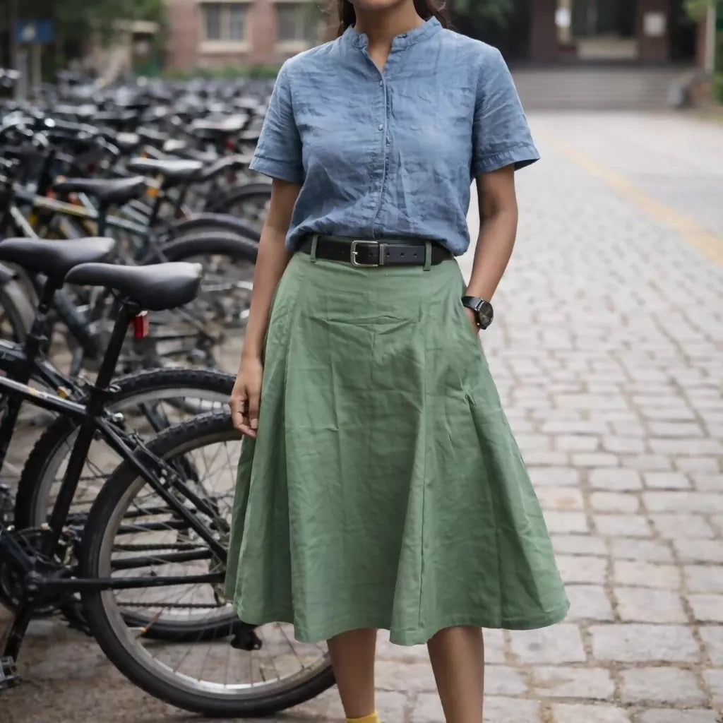GREEN ALLEY - Olive Cotton Linen Symmetric flared hem Aline Waist Skirt.